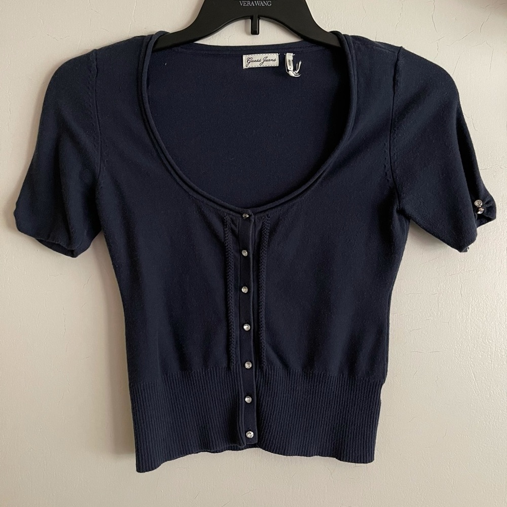 Guess Navy Rhinestone Button Cardigan - Picture 5 of 13